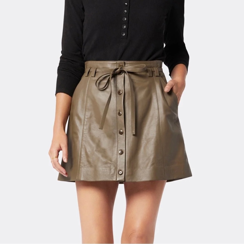 Joie 100% lamb leather dark olive green mini button skirt tie waistband size 00